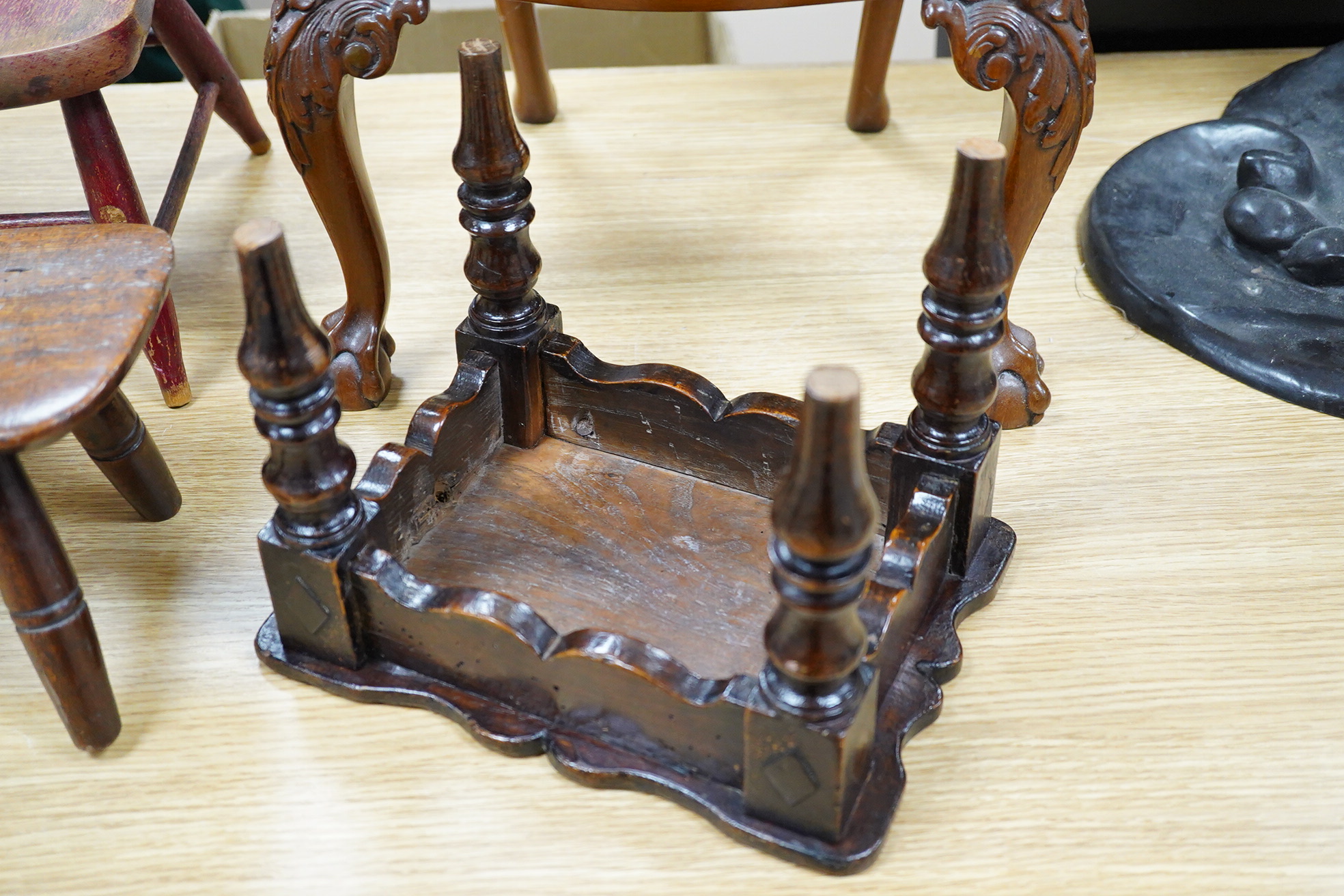 Two antique wooden stools and two children's chairs, one with arms and an upholstered seat x 51cm high